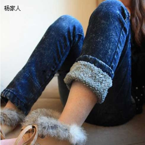 Berber fleece roll-up hem vintage tie-dyeing tight pencil classic jeans dark blue