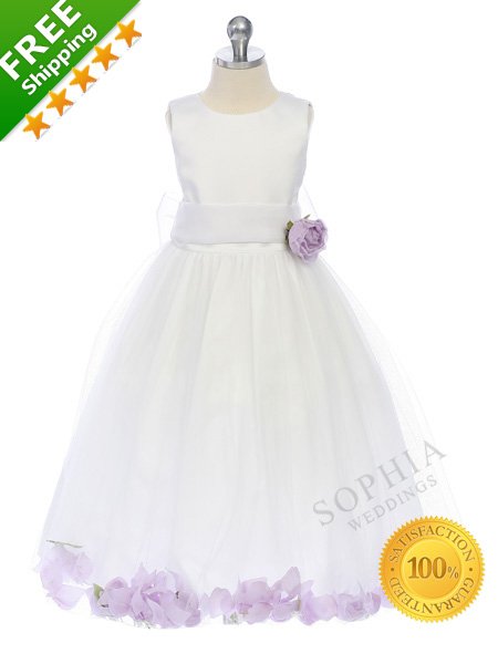 Best Designer Quality Purple Petals Flower Girl Dress for Less 100% Satisfaction Guaranteed