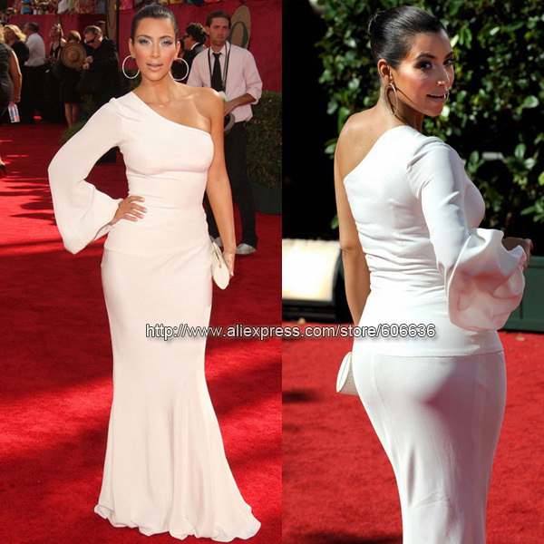 Best Dressed Kim Kardashian One Shoulder Mermaid Trumpet White Long Sleeves Designer Red Carpet Celebrity Dresses Free Shipping