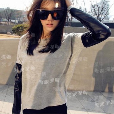 Best Feeling 2013 spring new arrival motorcycle leather patchwork asymmetrical t-shirt