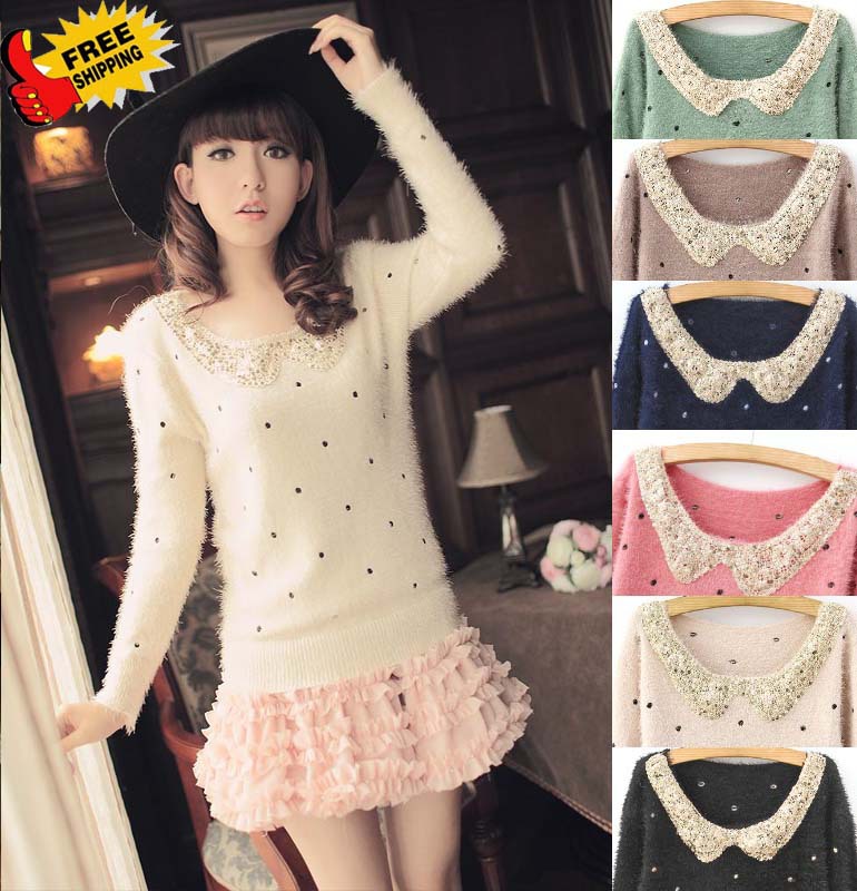 BEST PRICE!Free Shipping Small Bling Paillette Collar Mohair Polka Dot Pattern Full-sleeve Sweater Collar Women