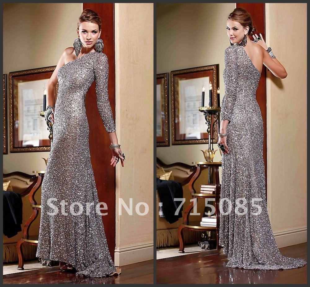 Best Sell Popular One Shoulder Sequin Gown with Train A-line Long Prom/Evening Dress