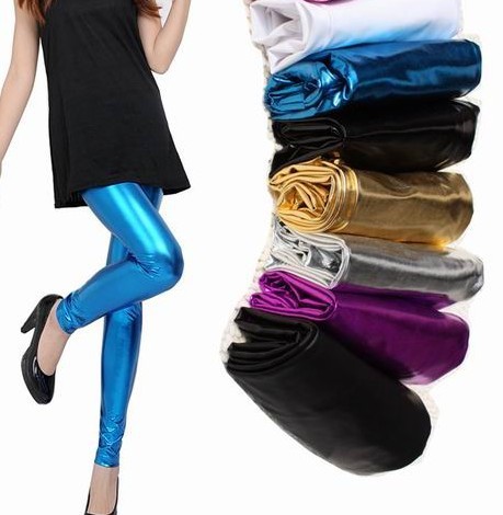 Best selling 1054 candy light multicolour metal quality faux leather pants tight female ankle length legging Free shipping