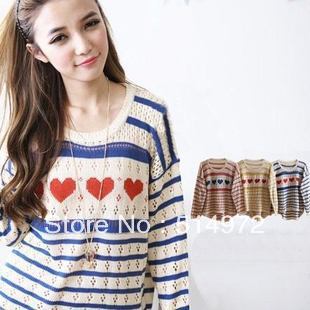 Best selling!!1pcs/lot cute nifty cutout love pattern color block women sweater ladies Blouse female knitted free shipping