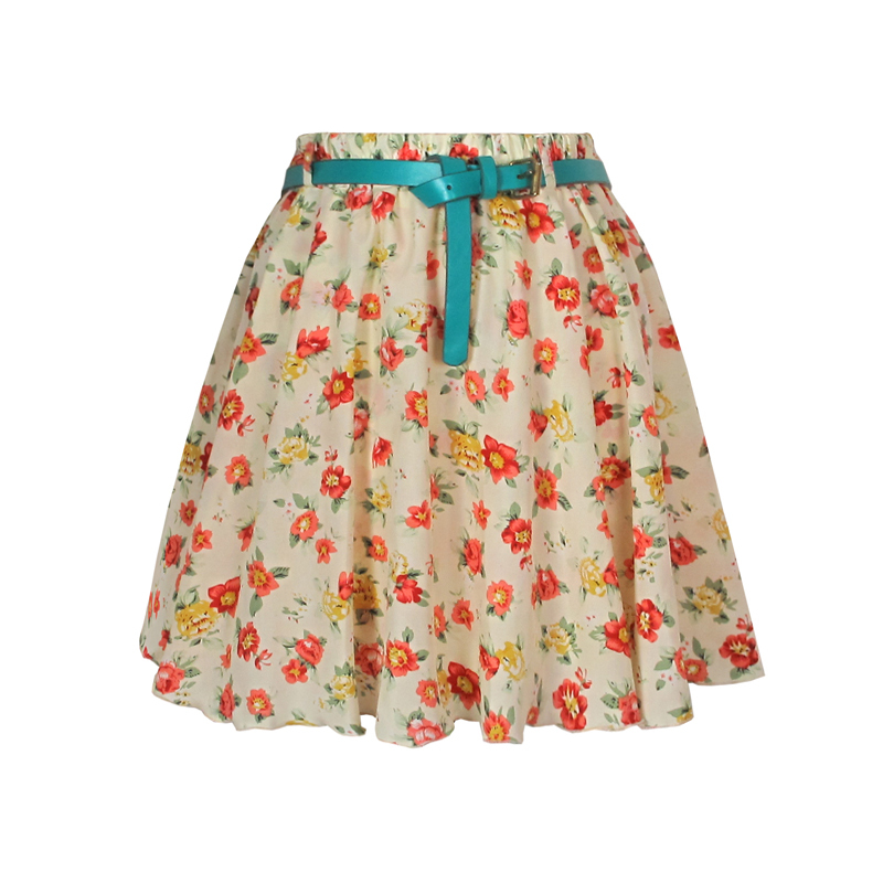 Best Selling 2013 Fairy Casual Printed Floral Pleated Short Chiffon Skirts Exclude Leather Belt ,Air Mail post Free Shipping