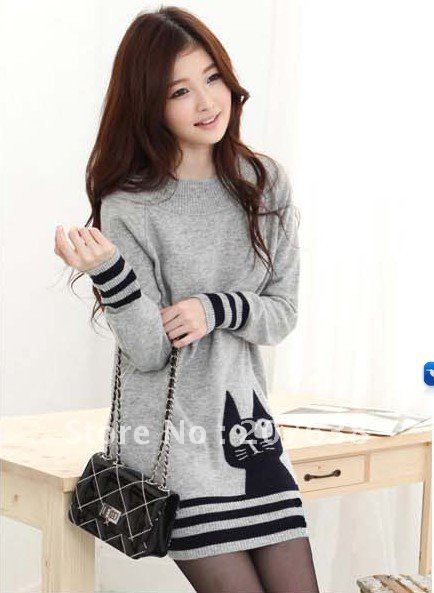 Best Selling!!cat stripe long sleeve knee-length casual sweater dress+ free shipping