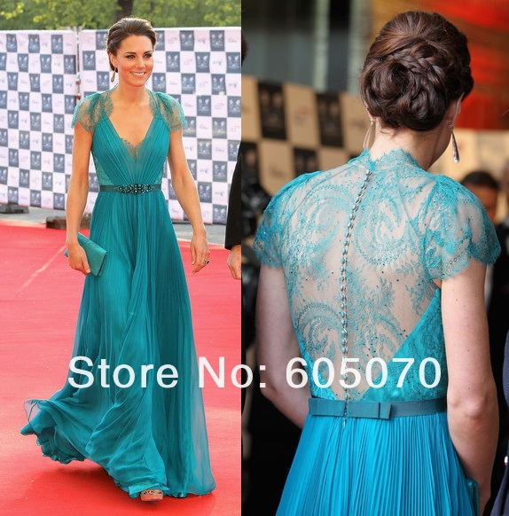 Best Selling Custom Made kate middleton Chiffon V neck Lace Sash beading floor length celebrity dresses blue evening dresses