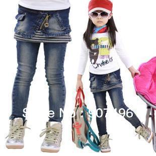 Best Selling!!Fashion Children Trousers Baby Girls Jeans Denim Skirt Stitching Striped Denim Culottes+Free Shipping