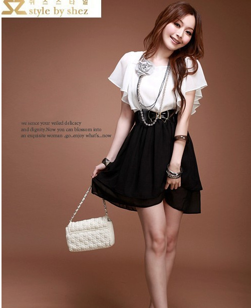 Best Selling!!Fashion Elegant Lady Lotus Leaf Sleeve Design Chiffon mini Dress With Belt +free shipping Retail&Wholesale