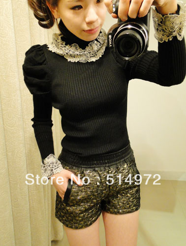 Best selling!!fashion turtleneck lace puff sleeve women knitted slim ladies Primer shirt female Bottoming shirt free shipping