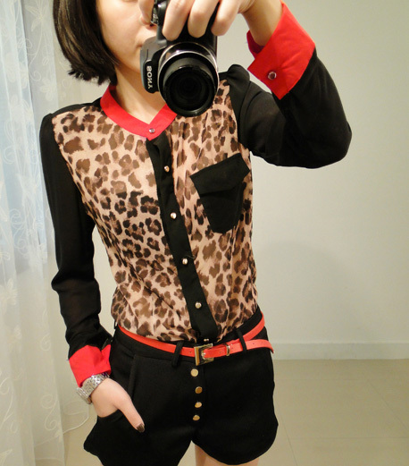 Best Selling!!Fashion Women Chiffon Blouse Top shirts Long Sleeve Leopard Shirt+free shipping