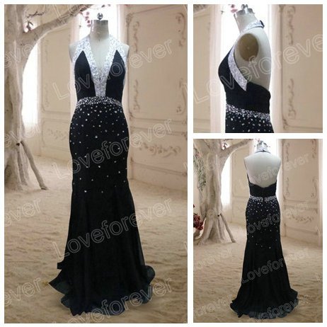 Best Selling Halter Design Backless Long Silver Beads Black Chiffon Evening Dress