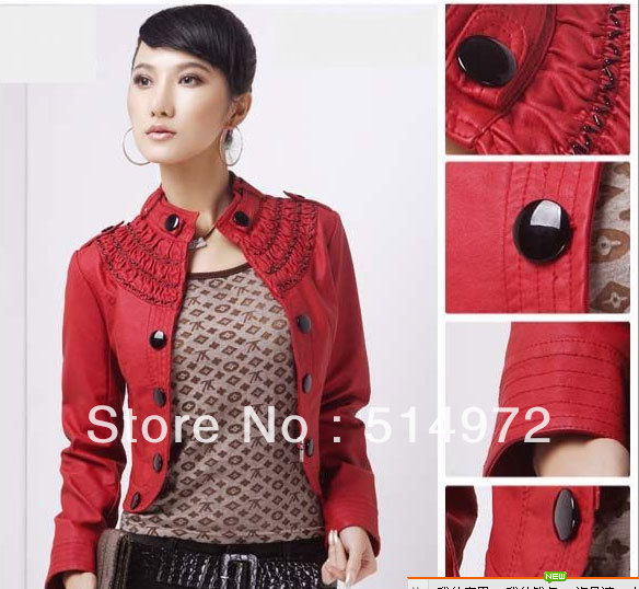 Best Selling!!High quality Fashion Short Leather Jacket Stand Collar Jacket  Small Lady's leather Outwear+free shipping