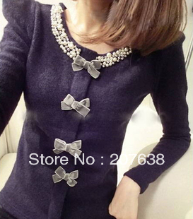 Best Selling!!New Fashion 2013 New pullover Bow long Sleeve Knit Sweater Bottoming Shirt +free shipping