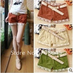 Best Selling!!Newst Arrival! With a Belt! Fashion Lace Cotton Shorts, Women Short Pants +Free shipping  Retail&Wholesale