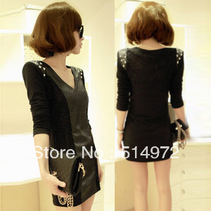 Best selling!! promotion PU leather lace patchwork women dress sexy club ladies slim skirt female black dress free shipping
