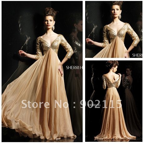 Best Selling Sequined V-Neck A-Line Champagne Beaded Evening Dresses with Sleeves
