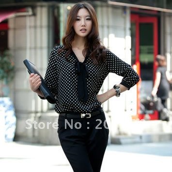 Best Selling!!Sexy Women's OL Blouse New Vintage Chiffon Polka Dots Top Shirt +free shipping 1 Piece