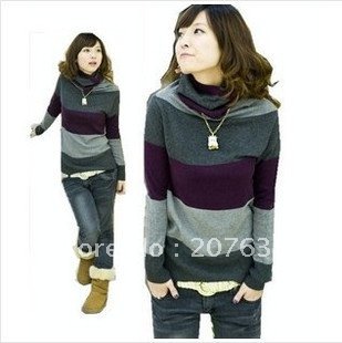 Best Selling!!Striped Stand-up Collar Long Sleeve Loose Pullover Sweater for women+free shipping