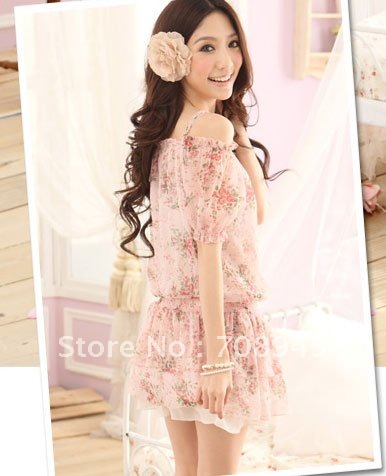 Best Selling!!Sweet Princess Floral Flat Shoulder Slim Chiffon Mini Dress+Free shipping  Retail&Wholesale