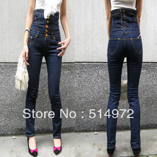 Best selling!!unique cross bandage design high waisted ladies skinny jeans women overalls pants female trouser free shipping