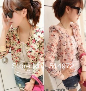 Best Selling!!Women Fashion Long Sleeve Floral Printing Short Jacket Chiffon Top outwear+free shipping