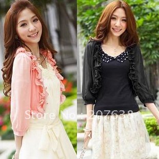 Best Selling!!Women fashion Wave trim sleeve chiffon jacket+free shipping  Retail&Wholesale