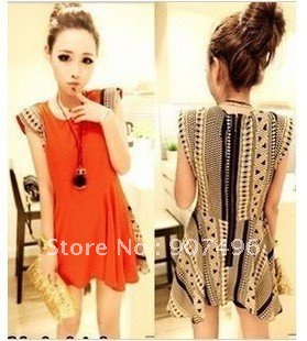 Best Selling!!Women Retro Individuality Geometric Patterns Shoulder Pads Short Sleeve Chiffon Summer Dress+free shipping  1Piece