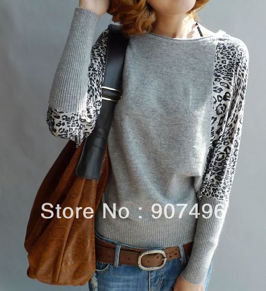 Best Selling!!women's long bat-wing leopard print cotton knitting sweater pullover women+ free shipping