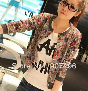 Best selling!!Women's short design doodle cartoons jacket o-neck cardigan long sleeve outwear+free shipping