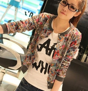 Best selling!!Women's short design doodle cartoons jacket o-neck cardigan long sleeve outwear+free shipping