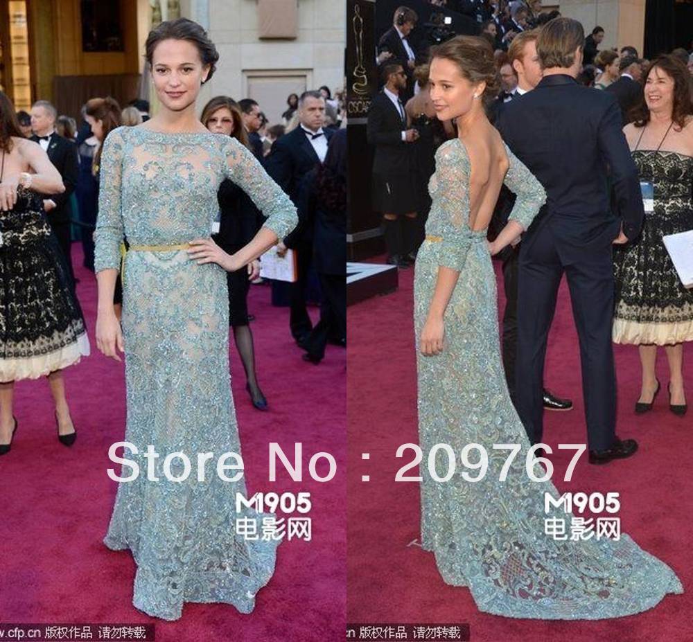 Beteau A-line Lace Court Train Backless Beaded 3/4 Sleeves 85th Oscar Celebrity Dresses