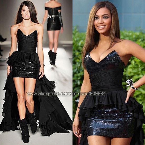 Beyonce Sweetheart High-Low Mini Short Sequins Chiffon Black Best Dressed Celebrity Dresses Cocktail Dress Free Shipping-dk03