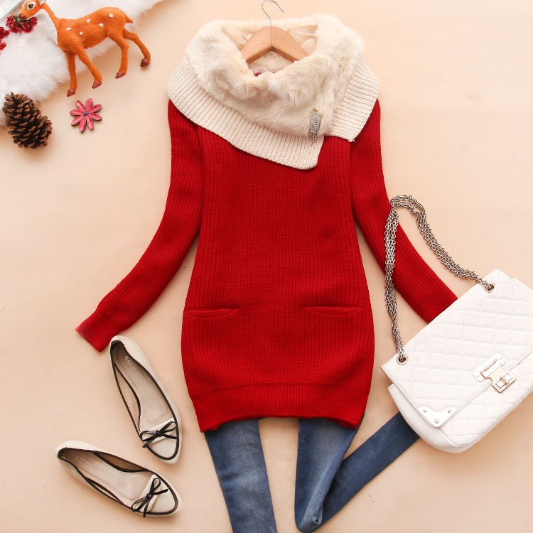 Bfr-w965 winter new arrival fur collar basic sweater women's medium-long sweater l-24