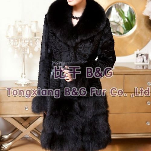 BG11653 2012 Black Genuine Rabbit Fur Coats With Fox Fur Collar Winter Elegant Long Coat XL XXL XXXL  Wholesale Retail