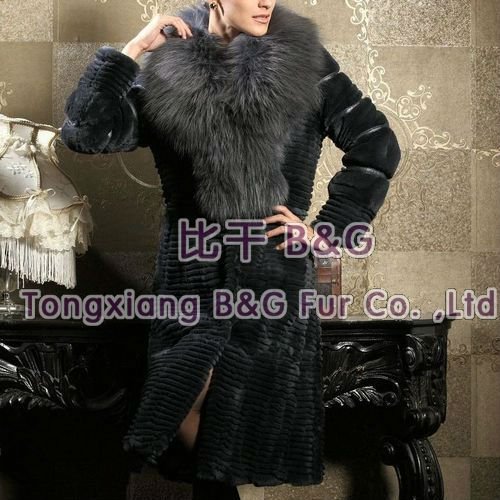 BG21881 New Style 2012 Genuine Rex Rabbit Fur long Coat With Raccoon Dog Fur Collar Winter Elegant Clothes OEM Wholesale Retail