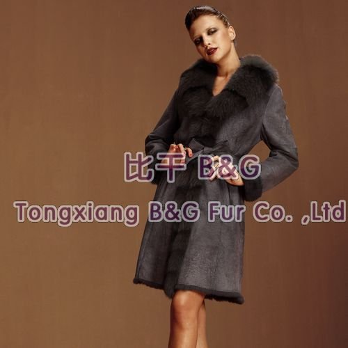 BG5077 2012 Brown Genuine Rabbit Fur Women Clothes with Fox Fur Collar Winter Women Long Coat M,L,XL OEM Wholesale Retail