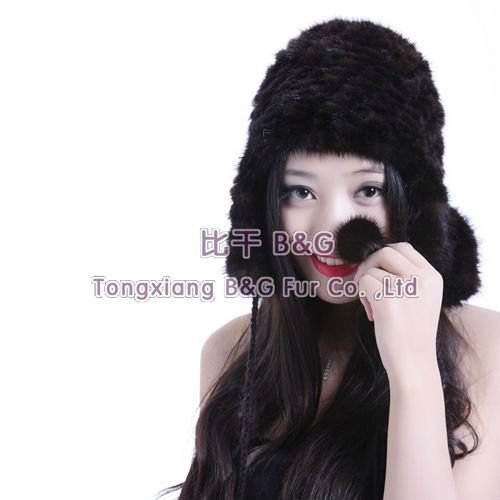 BG5480 Brown Genuine Knitted Mink Fur Crochet Hat with Earflap Women Lovely Cap OEM Wholesale/Retail/Free shipping
