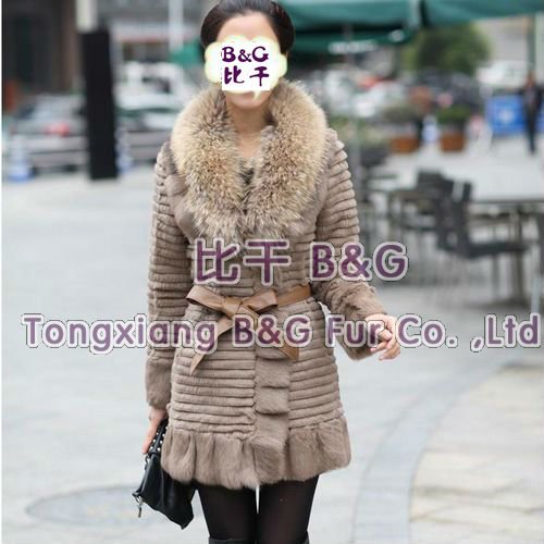 BG5952  2 colors Lady Fashion Genuine Rabbit Fur  Coat/Jacket with Raccoon Dog Collar M,L,XL,XXL,XXXL In stock  Wholesae OEM