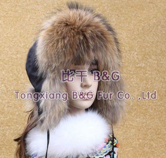BG6058 2013 Genuine Raccoon Dog Fur Aviator Hat With Earmuff Winter  Headgears For Lady OEM Wholesale Free shipping