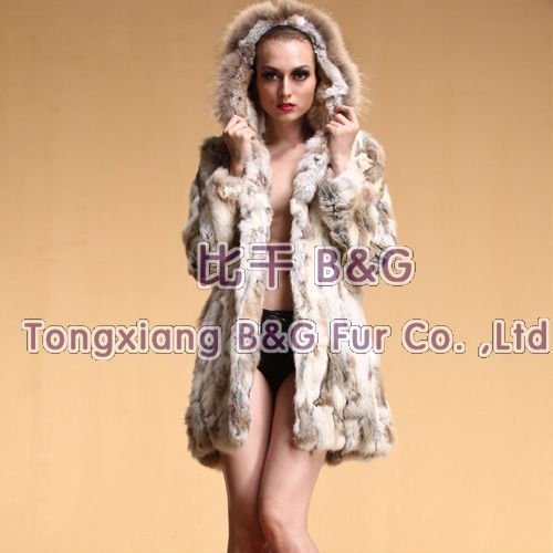 BG6345 Stylish Genuine Rabbit Fur Coat with Raccoon Dog Fur Hood Winter Female Sexy Garment XXL,XXXL OEM Wholesale Retail