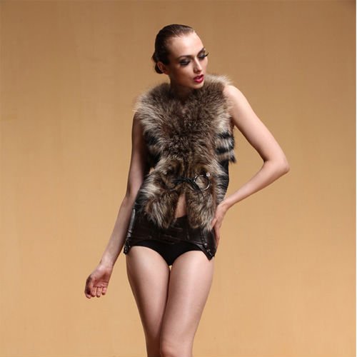 BG6348    2012 Fashion Genuine Sheep Leather Vest with Raccoon Dog Fur Trim OEM Wholesale/Retail