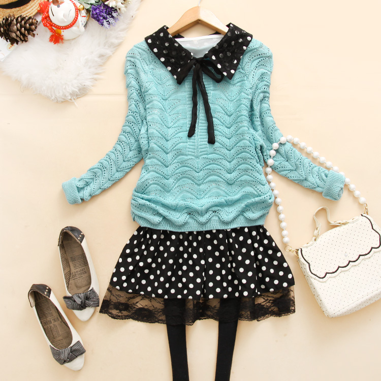 Bgp-x935 2013 spring new arrival women's polka dot peter pan collar twinset sweater b-25