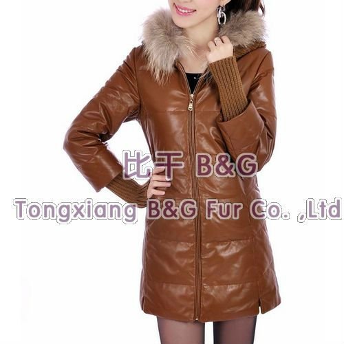 BGRY4 Winter 2012 Genuine Sheep Leather Down Coat Clothes With Raccoon Dog Fur Trim Hood Female Warm Outwear OEM Wholesale