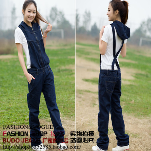 Bib pants female 2013 denim bib pants female with a hood bib pants zipper straight