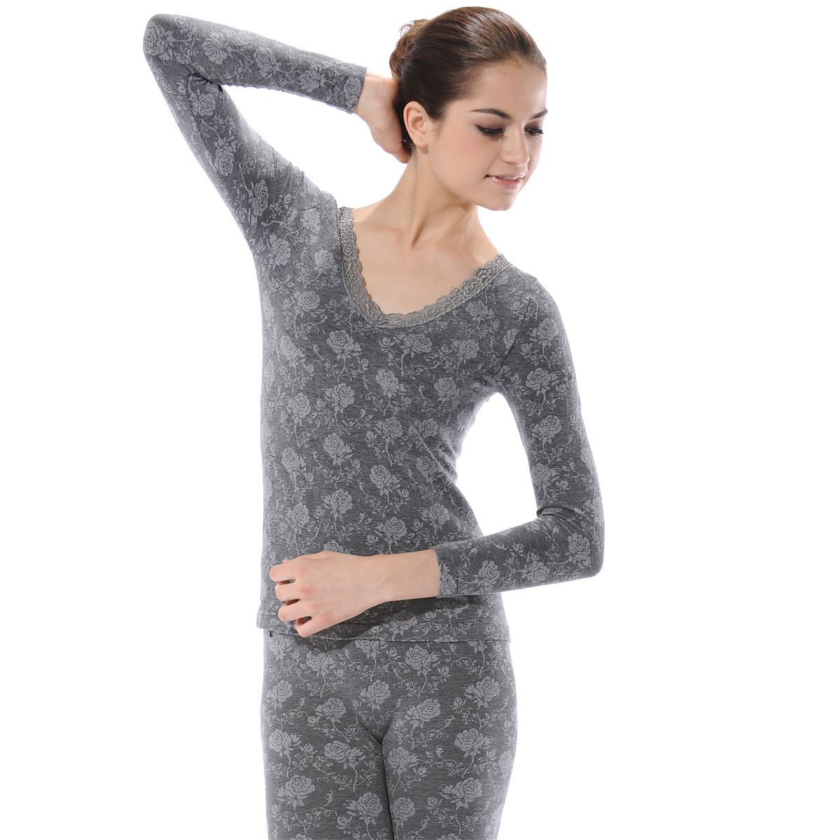 Big BOSIDENG thermal underwear women's V-neck jacquard beauty care slim bsd long johns long johns sexy set