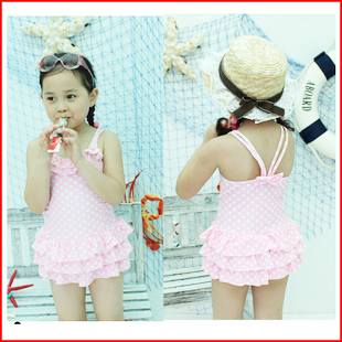 Big boy child swimwear one piece girl princess spa pink polka dot dance skirt swimming cap