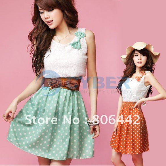 Big Discount!! Korean Fashion Style Polka Dot Sweet Lovely Mini Chiffon Dress Orange/Green Lace Top Free Shipping