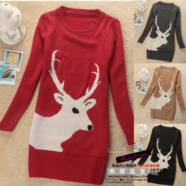 BIG SALE! Christmas elk reindeer print slim long design sweater,outerwear fashion knitted women, khaki 4 colors, Free shipping!