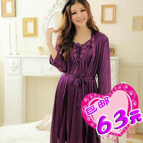 Big sexy sleepwear piece set faux silk female spring and summer spaghetti strap nightgown robe twinset female lounge